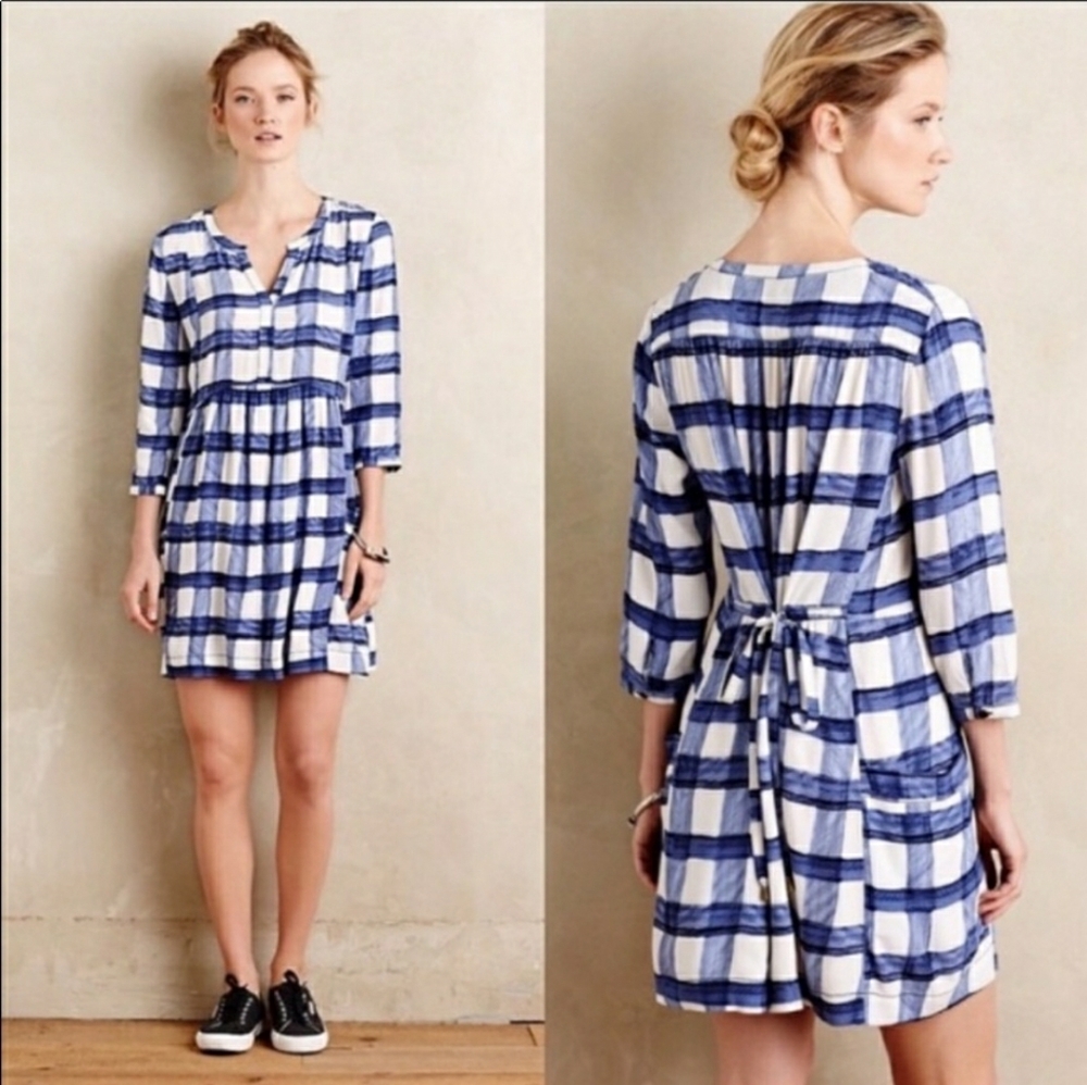 Anthropologie Maeve Devery Blue Checkered Dress XS